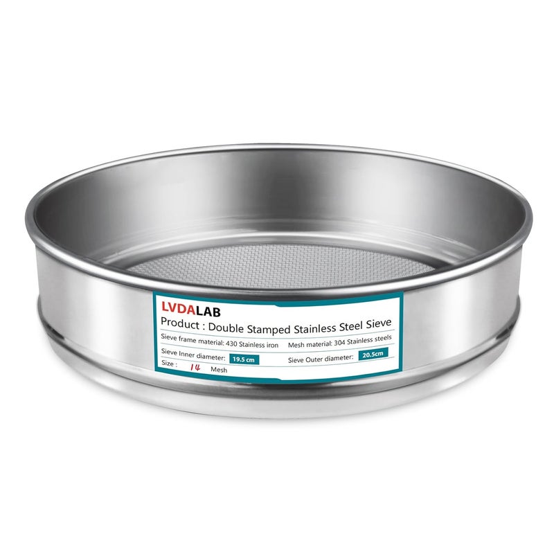 LVDALAB 304 Stainless Steel Mesh Lab Sieve, 14 Mesh(1.43mm) Aperture Test Sieve, 7.9Inch(20cm) Diameter Economy Standard Analysis Sample Test Sieves for Industrial Laboratory Homes - Image 1